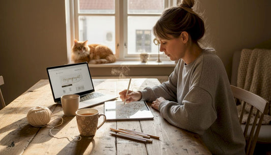 Eine Frau arbeitet am Wohnzimmertisch an der Entwicklung eines digitalen Produkts.