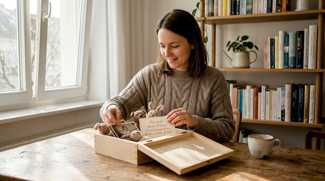 Eine Frau stellt auf dem Wohnzimmertisch eine persönliche Erinnerungsbox zusammen.