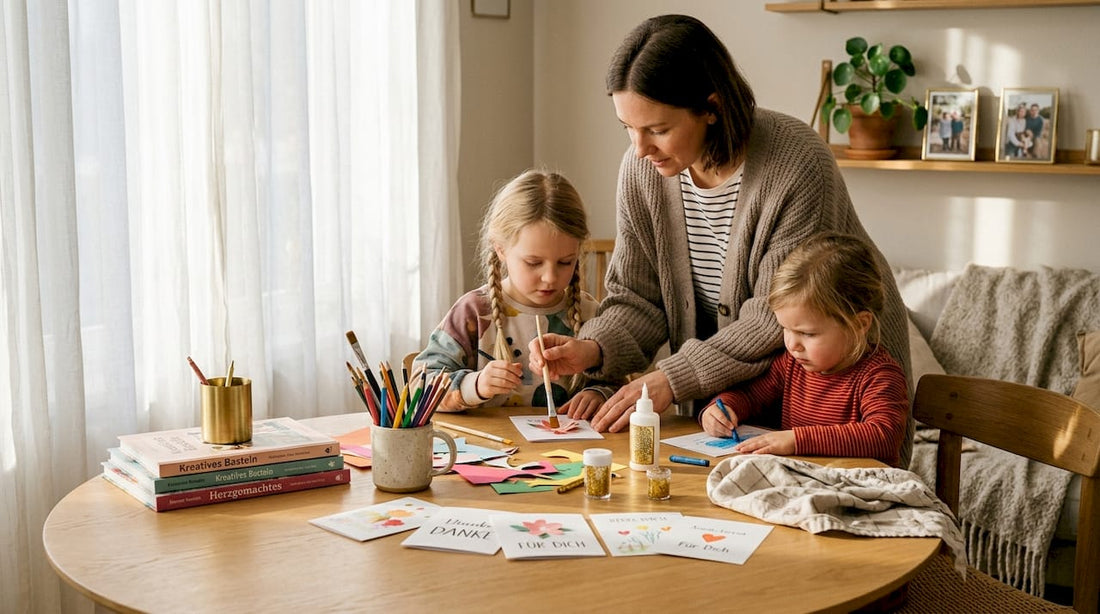 Gemeinsam mit ihrer Mutter sitzen die Kinder am Wohnzimmertisch und basteln voller Freude an kleinen Kunstwerken.