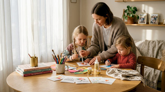 Gemeinsam mit ihrer Mutter sitzen die Kinder am Wohnzimmertisch und basteln voller Freude an kleinen Kunstwerken.