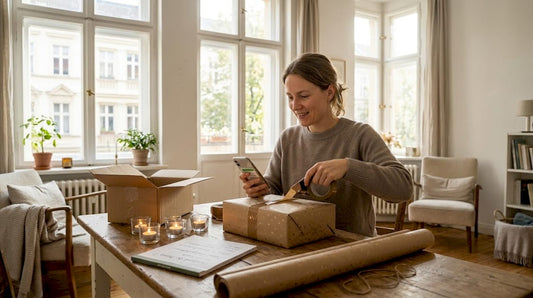 Eine Frau packt ein Geschenk ein und verfolgt anschließend den Versandstatus ihrer Sendung.