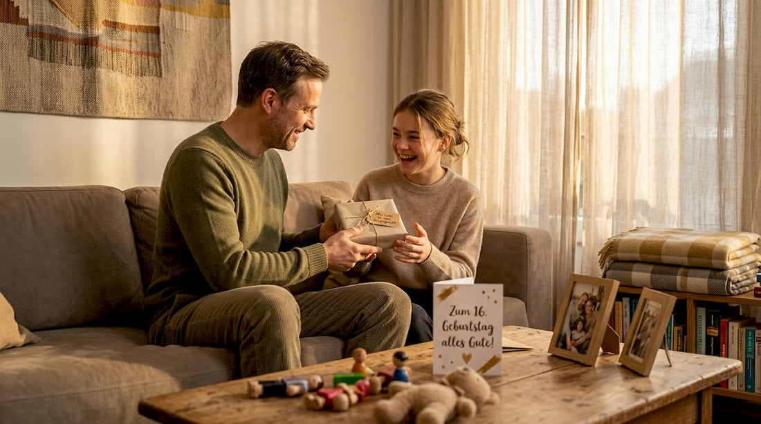 Im Wohnzimmer übergibt die Familie ein ganz persönliches Geschenk.