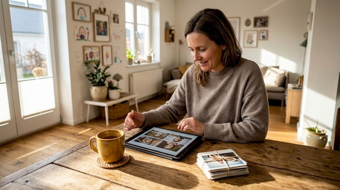 Im Wohnzimmer blättert eine Frau entspannt durch ihre digitalen Erinnerungen und schaut sich Fotos auf dem Tablet an.