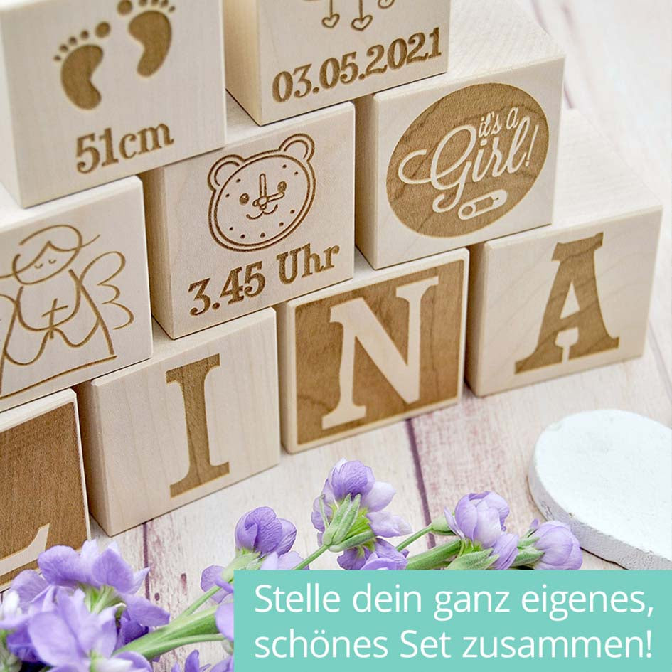 Holzwürfel zur Geburt Herzensprojekt Manufaktur